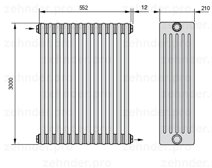 Схема (чертеж) Радиатор Zehnder Charleston 6300/12 №1670 Белый глянцевый RAL 9016